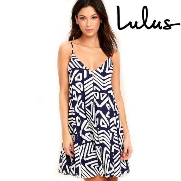 Lulus turn a phrase Navy purple & White Geometric Print Slip tunic Dress XS - Picture 2 of 10